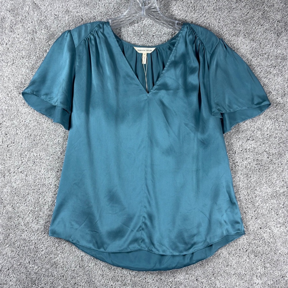 Rebecca‎ Taylor SS Charmeuse Teal Silk V Neck Flutter Sleeve Blouse Top Size 6